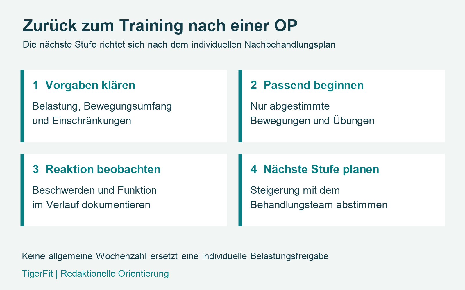 Vier Schritte: Vorgaben klären, Bewegung wählen, Reaktion beobachten und Belastung prüfen [Bildinhalt mit KI erstellt]