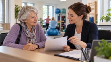 Seniorin erkundigt sich an der Rezeption nach einem anerkannten Rehasportkurs [Bildinhalt mit KI erstellt]
