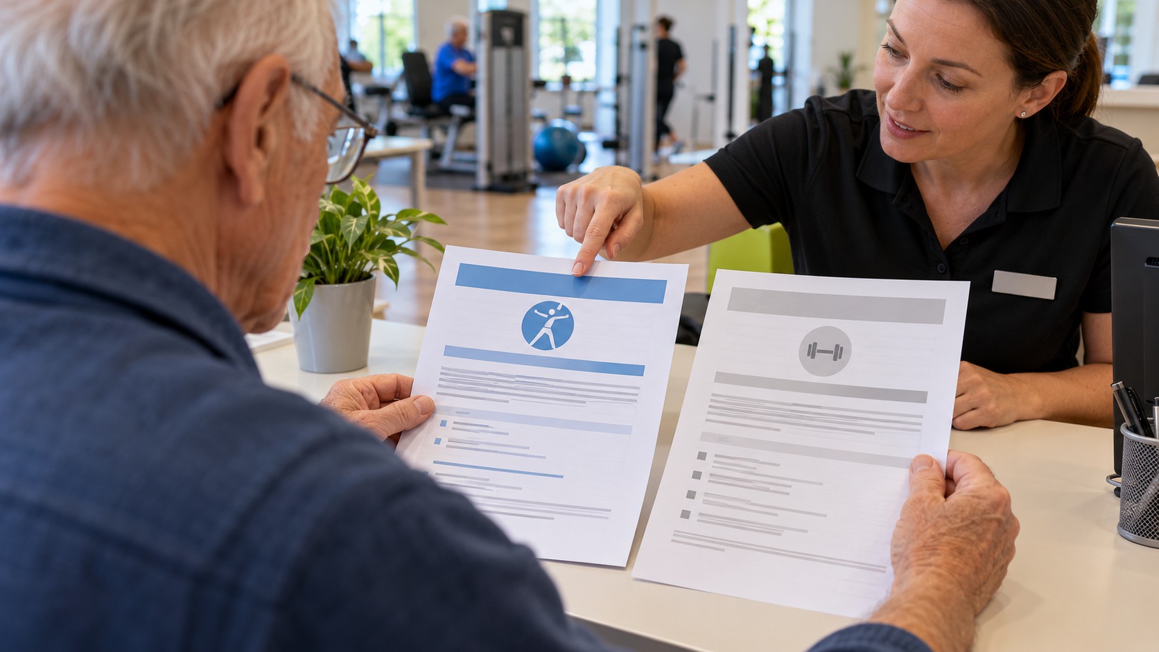 Eine Frau vergleicht Unterlagen für Rehasport und ein freiwilliges Zusatzangebot [Bildinhalt mit KI erstellt]