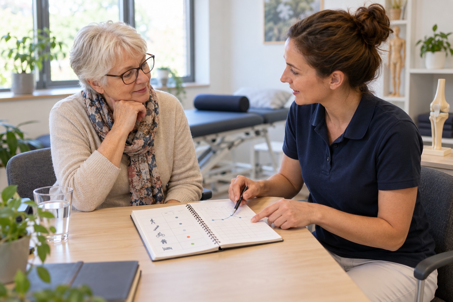 Patientin und Therapeutin besprechen ein Aktivitätsprotokoll [Bildinhalt mit KI erstellt]