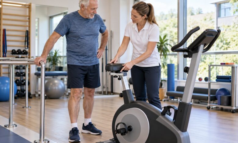 Patient und Therapeutin prüfen ein Ergometer vor dem Wiedereinstieg [Bildinhalt mit KI erstellt]