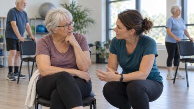 Seniorin bespricht ihre Schwierigkeiten im Rehasport mit der Übungsleiterin [Bildinhalt mit KI erstellt]