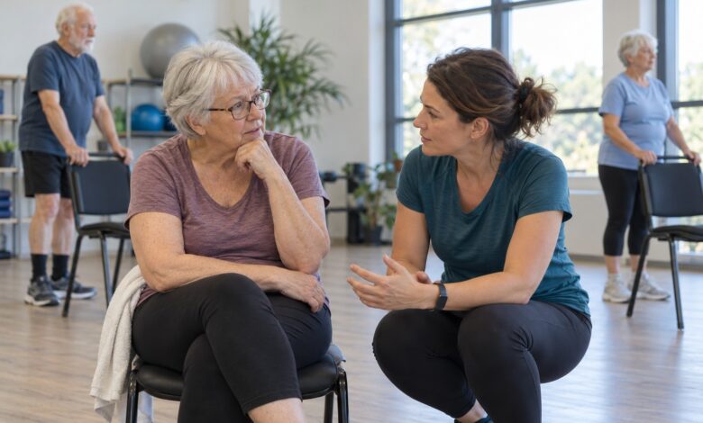 Seniorin bespricht ihre Schwierigkeiten im Rehasport mit der Übungsleiterin [Bildinhalt mit KI erstellt]