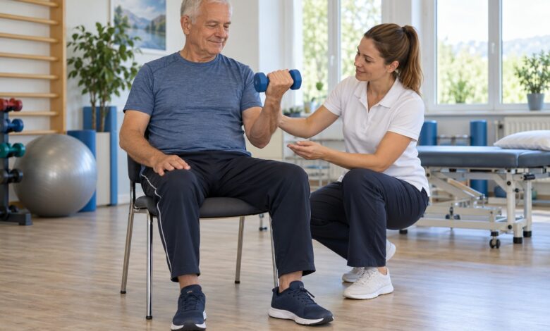 Senior trainiert mit leichter Hantel unter physiotherapeutischer Anleitung [Bildinhalt mit KI erstellt]