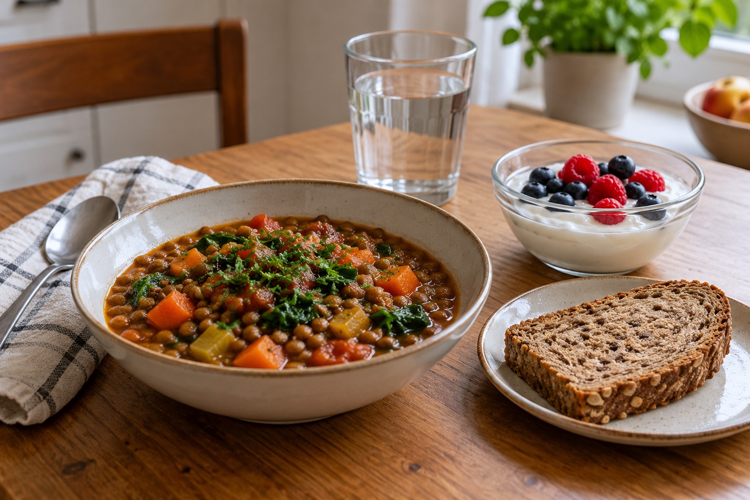 Linsen mit Gemüse, Vollkornbrot, Joghurt und Wasser [Bildinhalt mit KI erstellt]