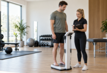 Sportler steht auf einer Körperanalysewaage und bespricht Ergebnisse mit einer Trainerin [Bildinhalt mit KI erstellt]