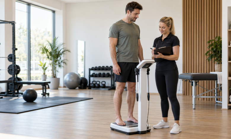 Sportler steht auf einer Körperanalysewaage und bespricht Ergebnisse mit einer Trainerin [Bildinhalt mit KI erstellt]