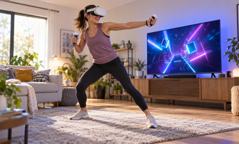 Person trainiert im Wohnzimmer mit VR-Headset und Bewegungscontrollern vor einem Bildschirm mit abstrakten Rhythmusformen [Bildinhalt mit KI erstellt]