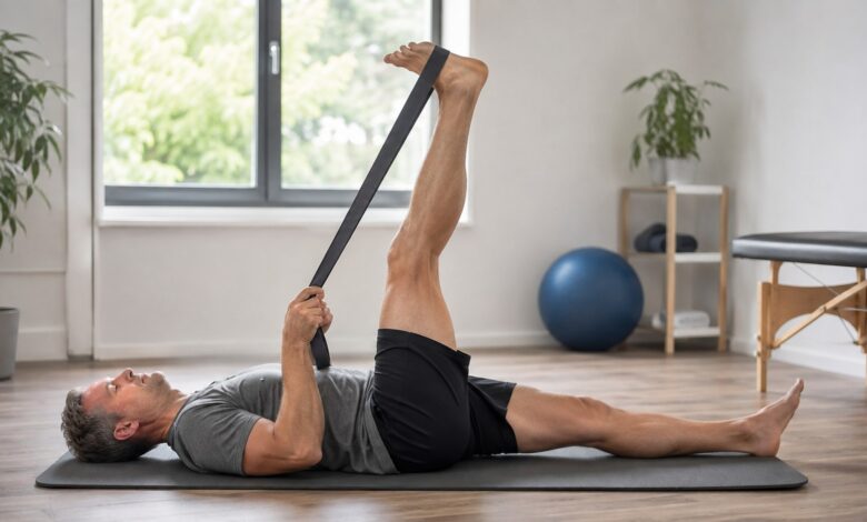 hamstrings dehnen rückenlage gurt [Bildinhalt mit KI erstellt]