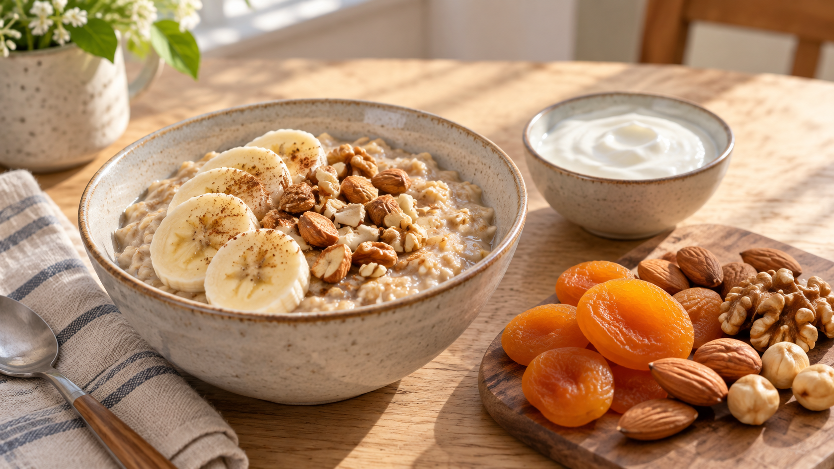Frühstück mit Haferflocken, Bananenscheiben, Joghurt und getrockneten Aprikosen [Bildinhalt mit KI erstellt]