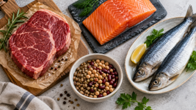 Rindfleisch, Lachs, Hering und Hülsenfrüchte als Beispiele für tierische und pflanzliche Lebensmittel [Bildinhalt mit KI erstellt]