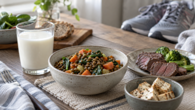 Lebensmittel mit unterschiedlichem Carnitingehalt: Rindfleisch, Milch, Linsen und Tofu [Bildinhalt mit KI erstellt]
