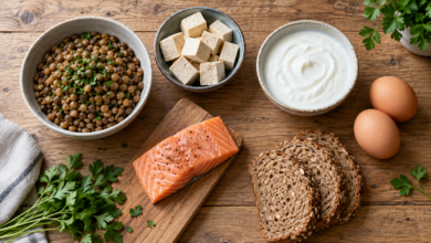 Lysinreiche Lebensmittel: Linsen, Tofu, Joghurt, Eier und Lachs [Bildinhalt mit KI erstellt]