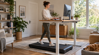 Frau geht auf einem Walking Pad unter einem höhenverstellbaren Schreibtisch und arbeitet am Monitor [Bildinhalt mit KI erstellt]