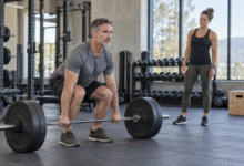 Trainierender hebt eine Langhantel im Fitnessstudio, während eine Trainerin die Bewegung beobachtet [Bildinhalt mit KI erstellt]