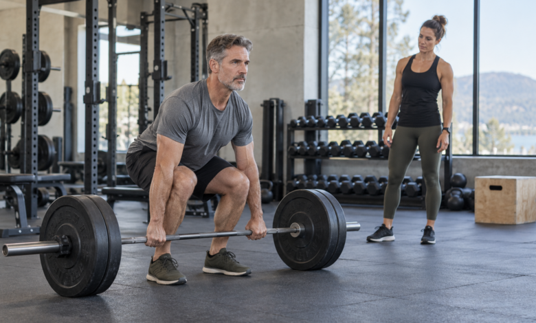 Trainierender hebt eine Langhantel im Fitnessstudio, während eine Trainerin die Bewegung beobachtet [Bildinhalt mit KI erstellt]