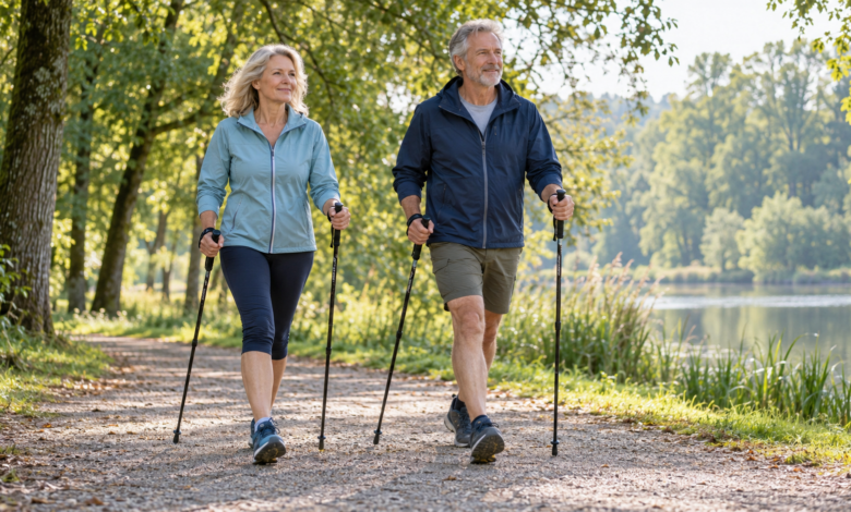 Zwei Erwachsene beim Nordic Walking auf einem ebenen Weg im Park [Bildinhalt mit KI erstellt]