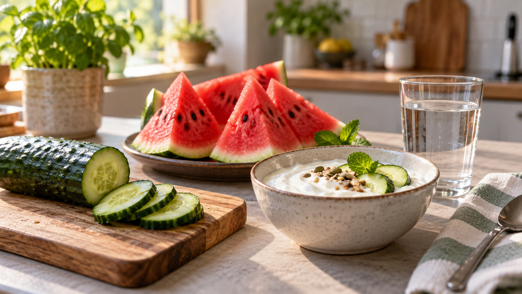 Gurke, Wassermelone und Joghurt neben einem Glas Wasser [Bildinhalt mit KI erstellt]
