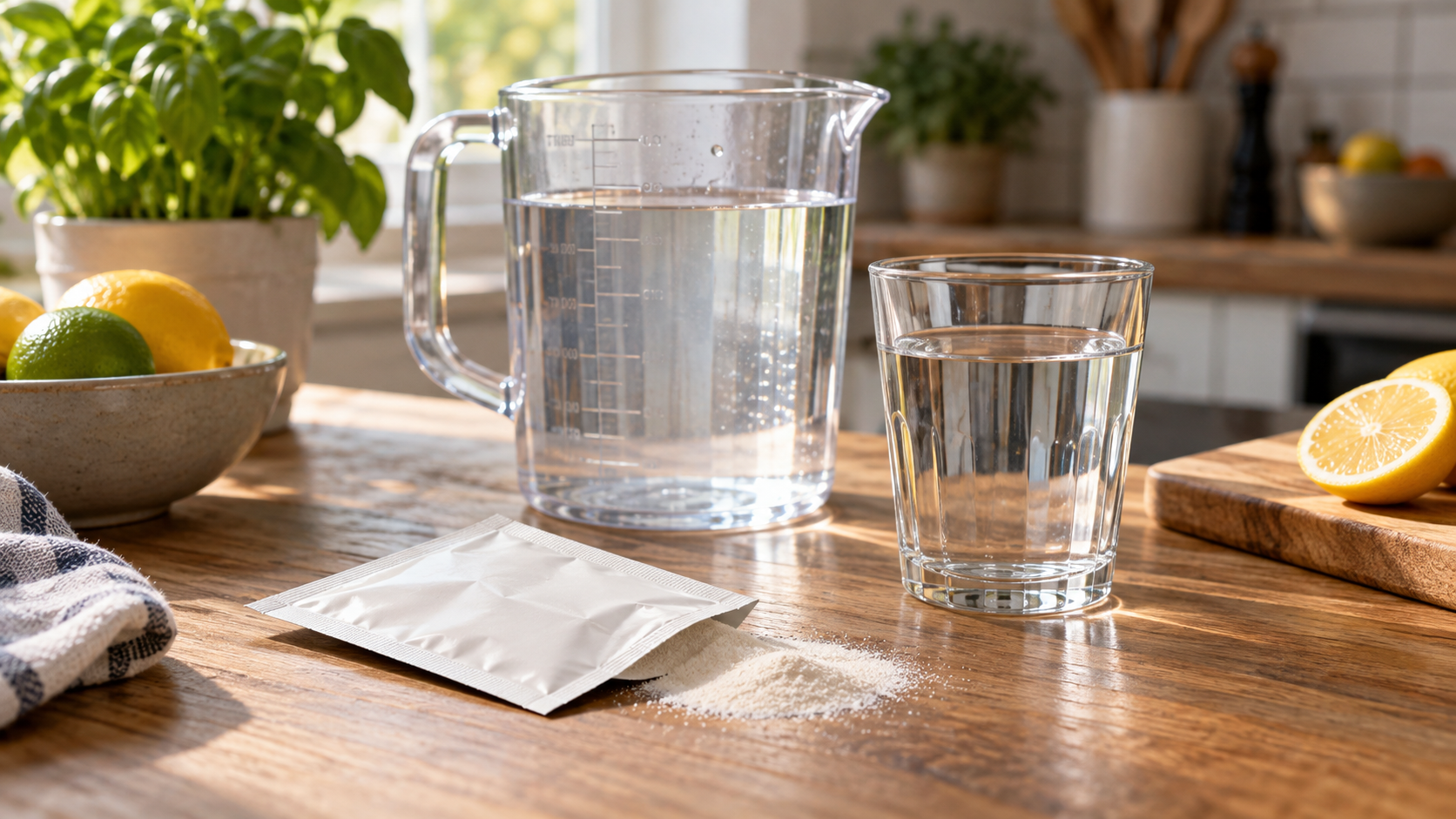 Neutraler Beutel für Rehydratationspulver neben Messkanne und Wasserglas [Bildinhalt mit KI erstellt]