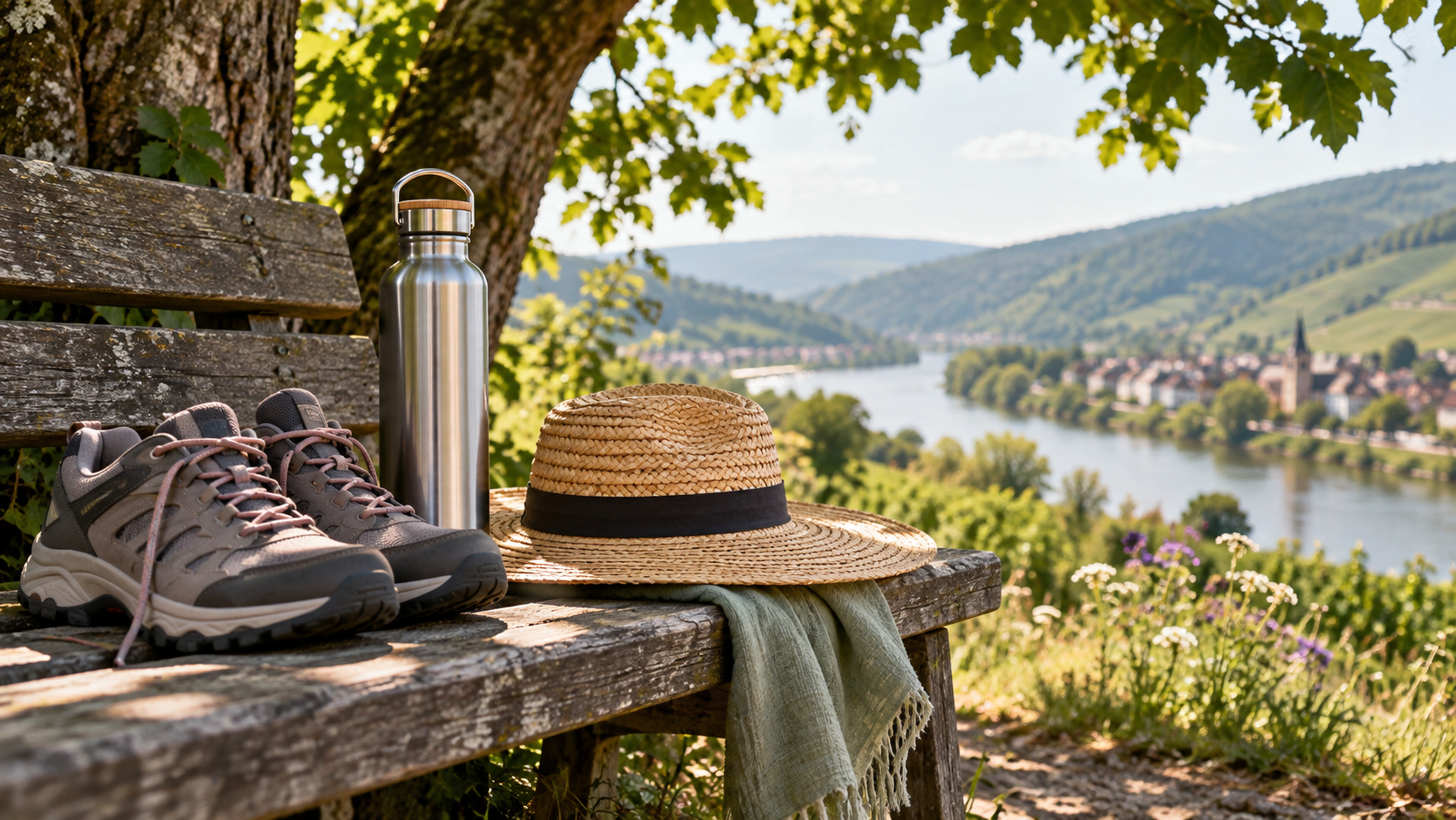 Wasserflasche und Wanderschuhe auf einer schattigen Bank [Bildinhalt mit KI erstellt]