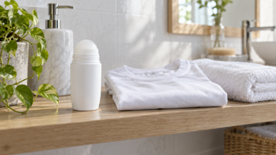Unbeschrifteter Deo-Roller neben frischem T-Shirt und Handtuch [Bildinhalt mit KI erstellt]