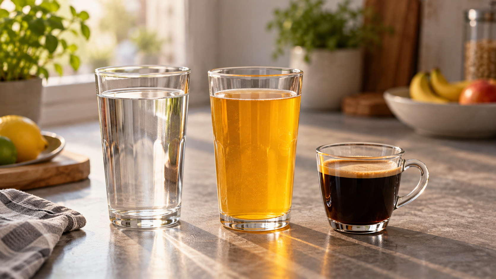 Wasser, farbiges Getränk und Kaffee als unterschiedliche Getränkeoptionen [Bildinhalt mit KI erstellt]