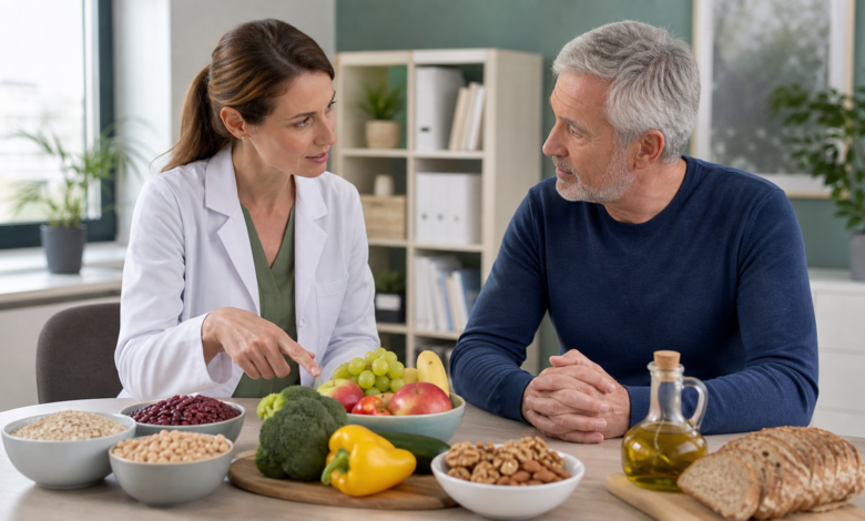 Ernährungsberaterin bespricht cholesterinbewusste Lebensmittel mit einem Mann über 60 [Bildinhalt mit KI erstellt]