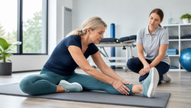 Frau über 60 dehnt ihre Hamstrings unter physiotherapeutischer Anleitung [Bildinhalt mit KI erstellt]