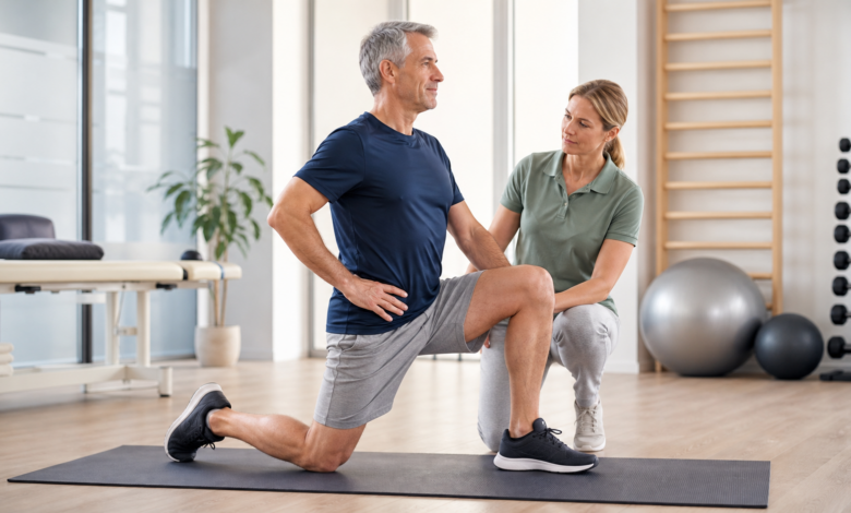 Mann über 60 bei Hüftbeugerdehnung unter physiotherapeutischer Anleitung [Bildinhalt mit KI erstellt]