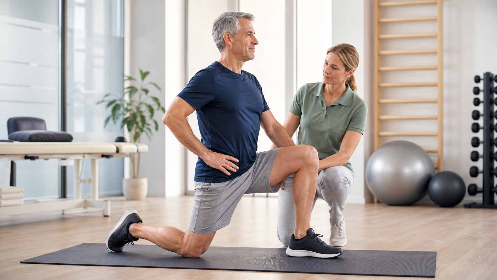 Mann über 60 bei Hüftbeugerdehnung unter physiotherapeutischer Anleitung [Bildinhalt mit KI erstellt]
