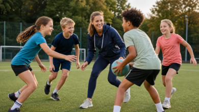 Kinder spielen gemeinsam mit einer Trainerin auf einem Sportplatz [Bildinhalt mit KI erstellt]