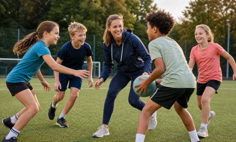 Kinder spielen gemeinsam mit einer Trainerin auf einem Sportplatz [Bildinhalt mit KI erstellt]