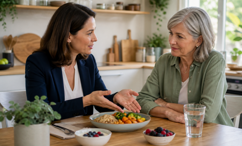 Ernährungsberaterin bespricht mit einer Frau über 60 eine verdauungsfreundliche Mahlzeit [Bildinhalt mit KI erstellt]