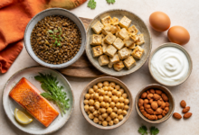 Ausgewogene Proteinquellen mit Linsen, Tofu, Eiern, Joghurt, Kichererbsen, Mandeln und Lachs [Bildinhalt mit KI erstellt]