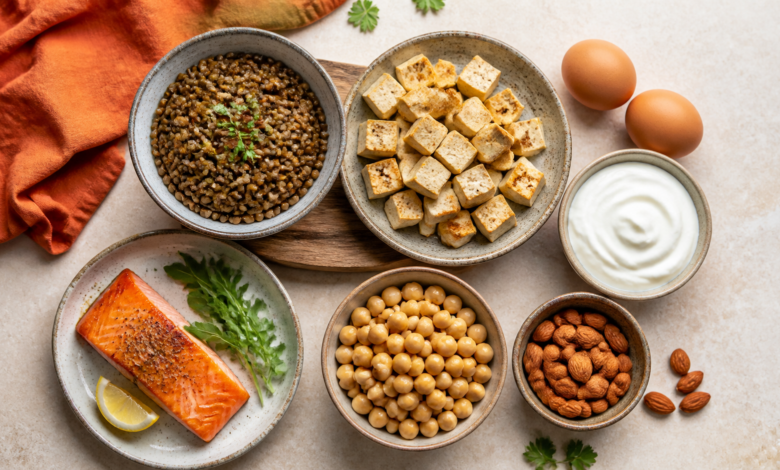 Ausgewogene Proteinquellen mit Linsen, Tofu, Eiern, Joghurt, Kichererbsen, Mandeln und Lachs [Bildinhalt mit KI erstellt]