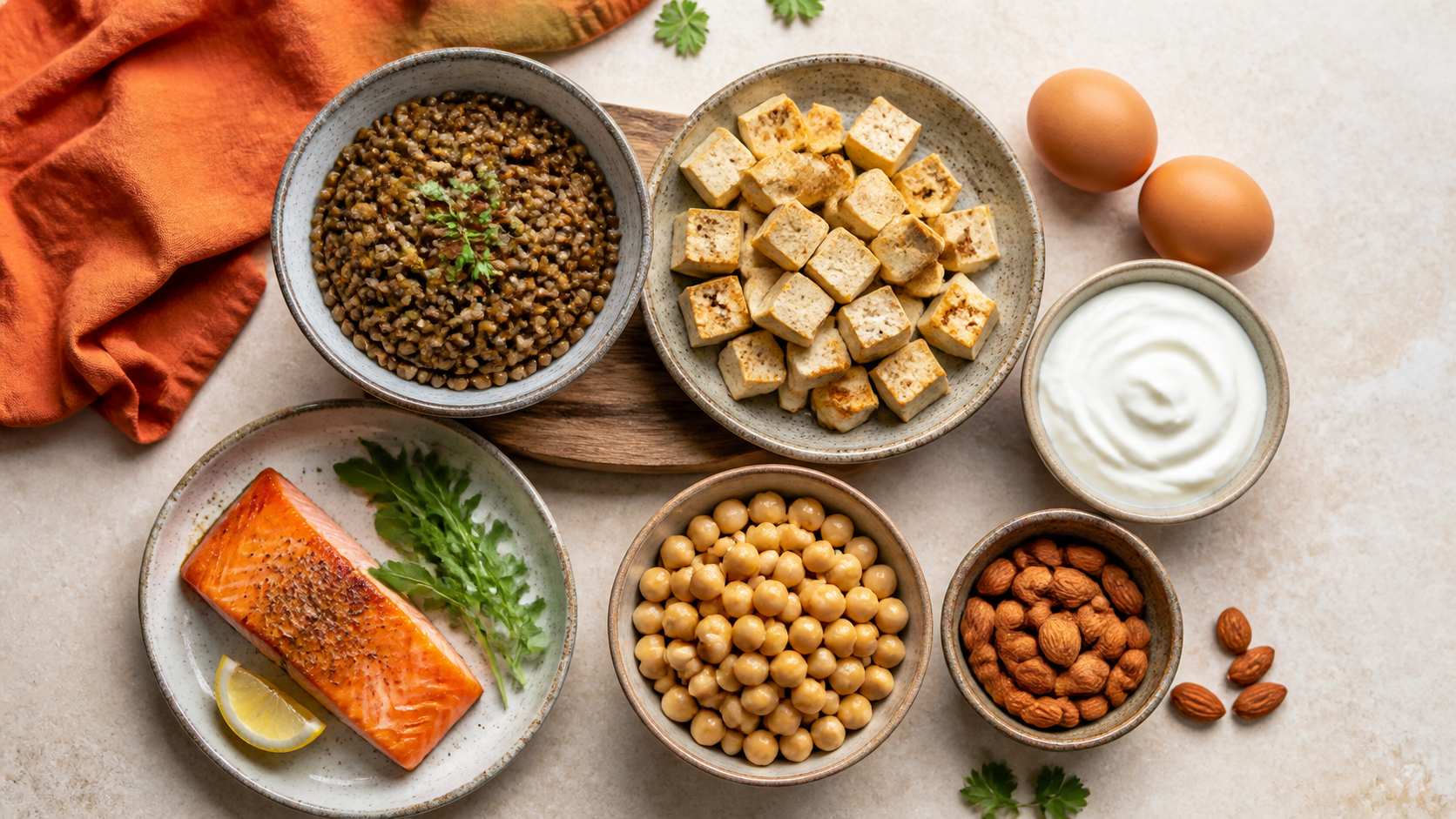 Ausgewogene Proteinquellen mit Linsen, Tofu, Eiern, Joghurt, Kichererbsen, Mandeln und Lachs [Bildinhalt mit KI erstellt]