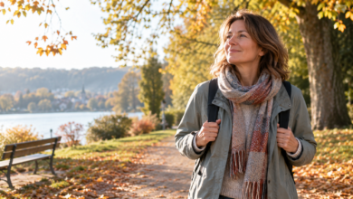 Frau geht bei Tageslicht durch einen Park – Bewegung im Freien und Vitamin-D-Versorgung [Bildinhalt mit KI erstellt]