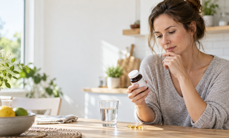 Frau prüft die Dosierung eines Vitamin-D-Präparats am Küchentisch [Bildinhalt mit KI erstellt]