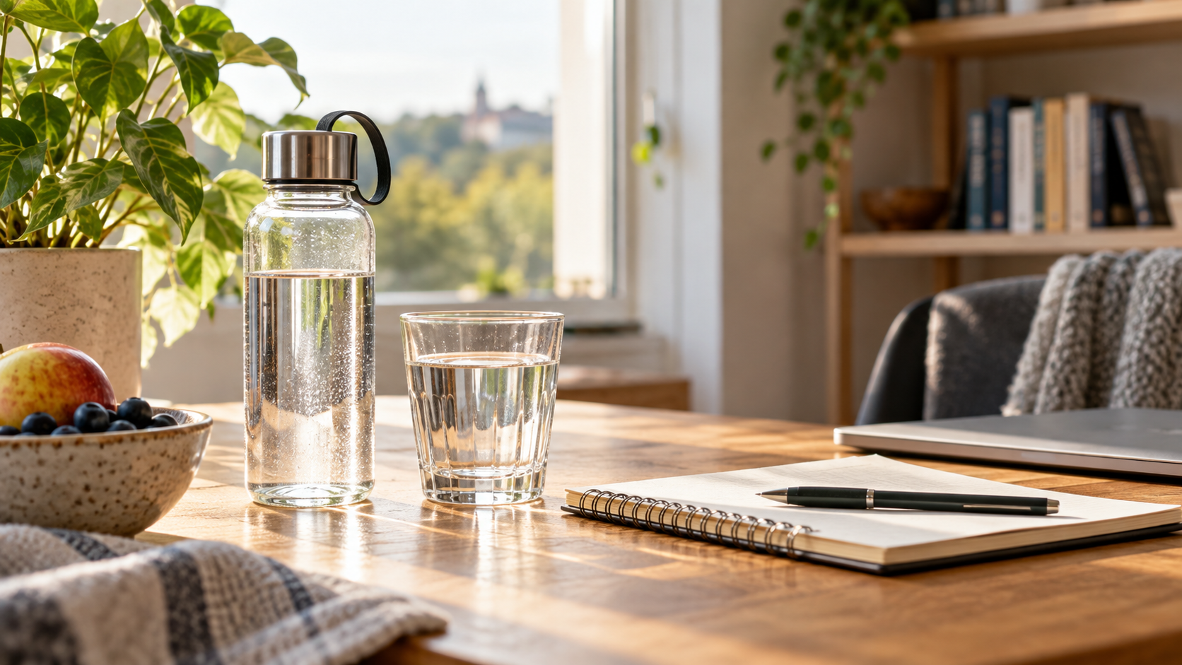 Wasserflasche und Glas stehen griffbereit auf einem Schreibtisch [Bildinhalt mit KI erstellt]