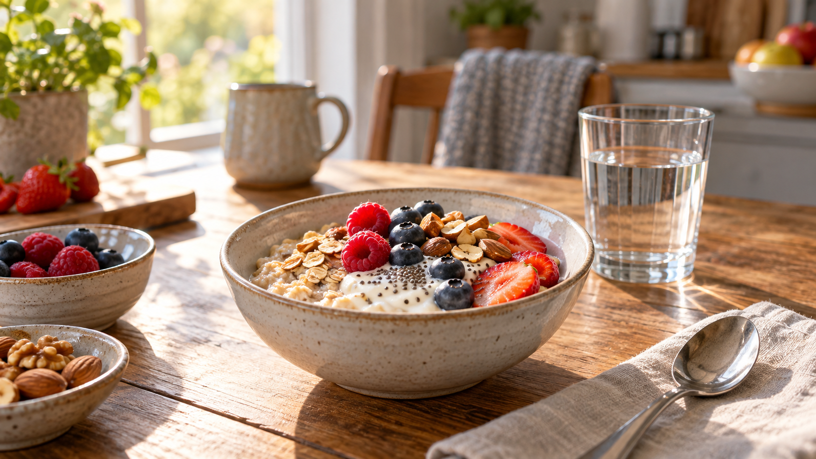 Wasserglas neben einem Frühstück aus Haferflocken, Beeren und Joghurt [Bildinhalt mit KI erstellt]