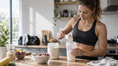 Sportlerin bereitet einen Whey-Proteinshake neben einer proteinreichen Mahlzeit zu [Bildinhalt mit KI erstellt]