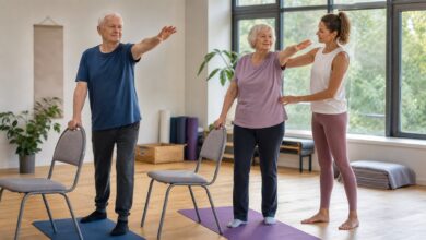 yogaübungen senioren stuhl balance [Bildinhalt mit KI erstellt]