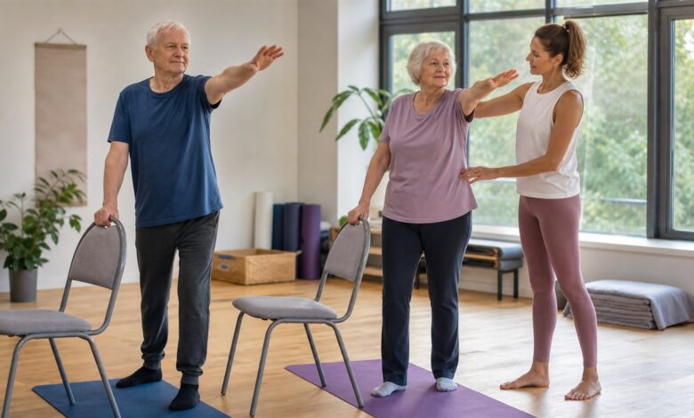 yogaübungen senioren stuhl balance [Bildinhalt mit KI erstellt]